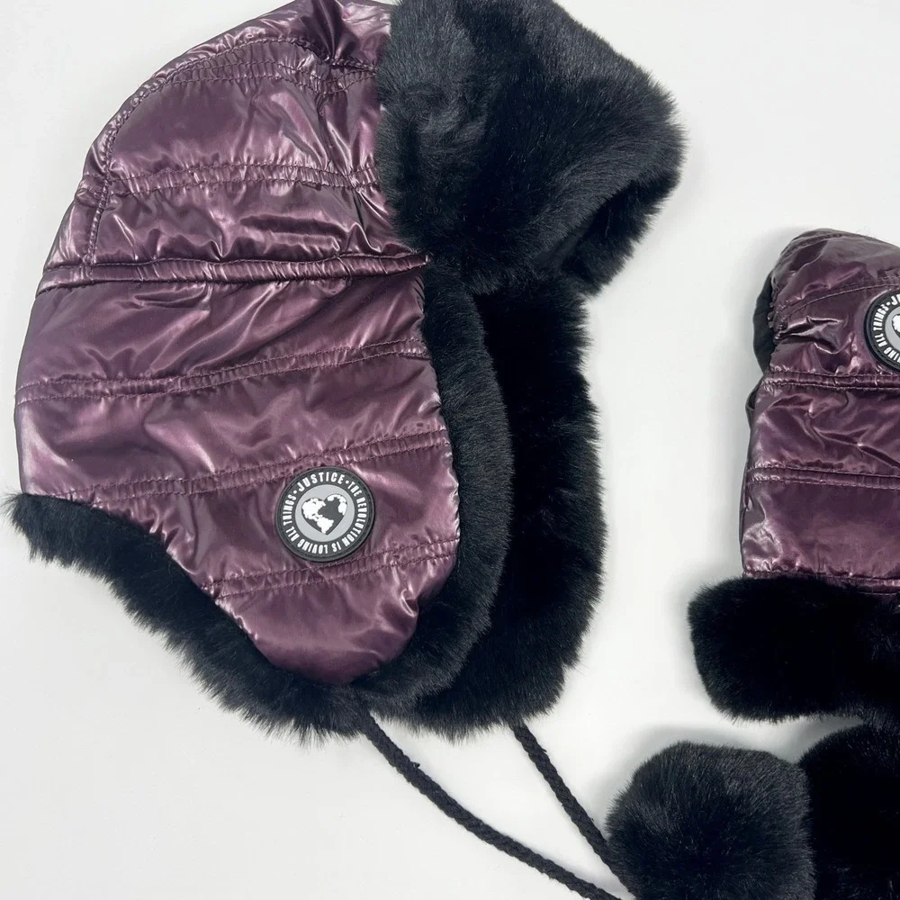 Justice Girls Metallic Purple Quilted Trapper Hat and‎ Mittens Set Faux Fur Trim